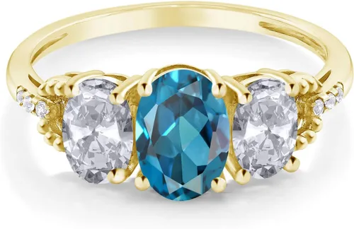 Vista 3 de Gem Stone King Anillo de compromiso de oro amarillo de 10 quilates con topacio blanco y diamante con topacio azul Londres para mujer 2.22 qttw