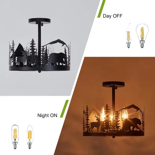 Vista 7 de Accesorio de Lámpara de Techo Rústica de Granja de Montaje Semi-Empotrado, 3 Luces Base E12 Accesorios de Luz de Metal Redondo Negro para Cocina