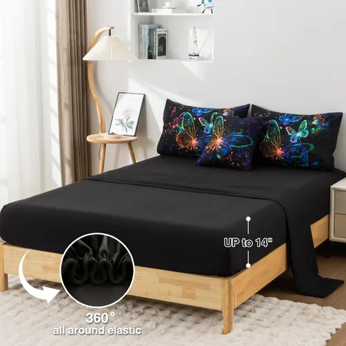 Vista 3 de A Nice Night Juego de ropa de cama con diseño de galaxia, estampado de mariposas 3D volando en el espacio, como mariposas con purpurina, juego