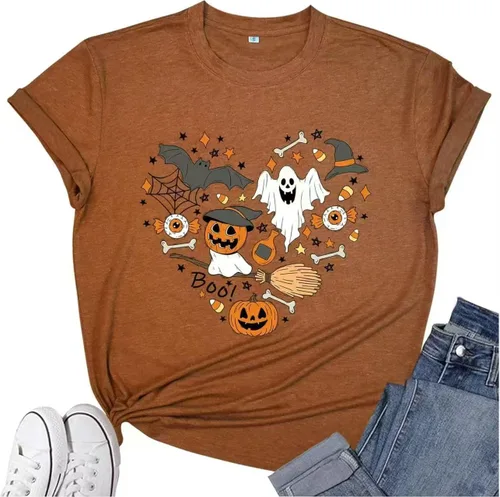 Vista 34 de Woffccrd - Camisetas divertidas con estampado de calabaza y leopardo para mujer, camisetas gráficas de manga corta de Halloween para mujer