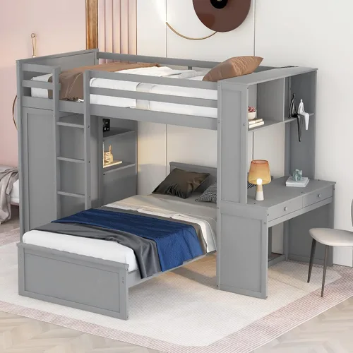 Vista 22 de Cama loft multifuncional de tamaño matrimonial con escritorio integrado, 6 cajones de almacenamiento y estante, marco de cama de madera con escalera