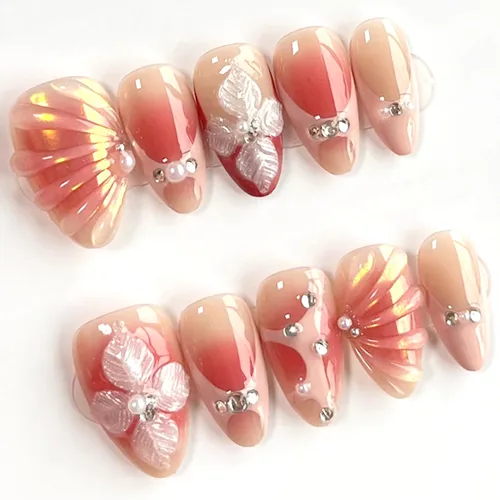 Vista 15 de 24 piezas de uñas postizas de punta francesa a presión, uñas postizas medianas en forma de almendra con diseño de ondas azul oscuro, uñas postizas