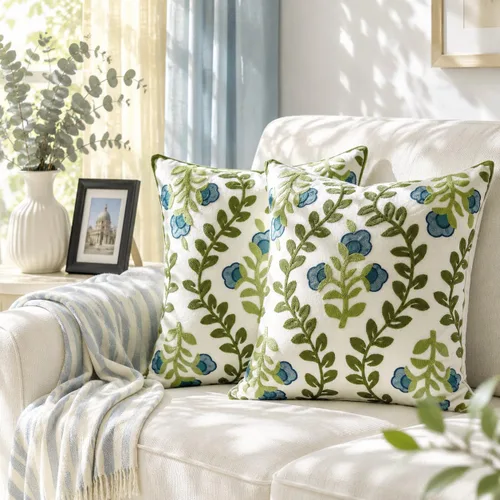 Vista 14 de Alysheer Fundas de almohada decorativas bordadas florales de primavera de 18" x 18", juego de 2, fundas de cojín de algodón con patrón acolchado