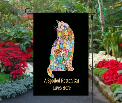 Vista 4 de Bandera de jardín con gato podrido y mimado, decoración de banderas de jardín de gato de doble cara, colorido diseño de bienvenida, regalo