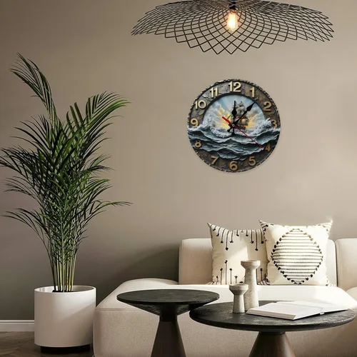 Vista 5 de Relojes de pared con estampado de velero retro para sala de estar, relojes de pared con pilas, silenciosos, sin tictac, 10 pulgadas, impresión 2D