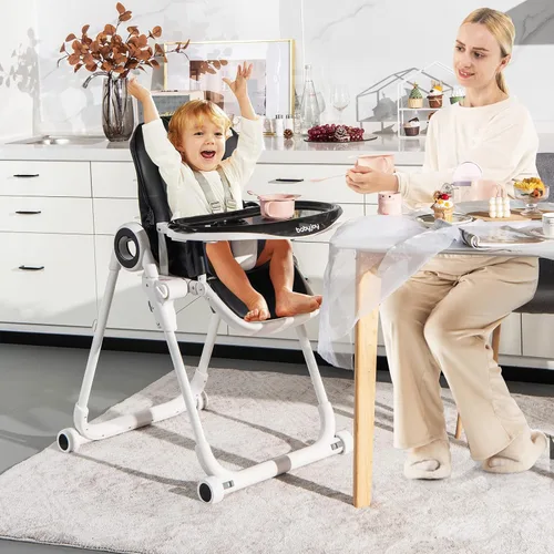 Vista 9 de BABY JOY Silla alta para bebés y niños pequeños, silla alta plegable con respaldo/reposapiés/altura del asiento, bandejas extraíbles dobles, cojín
