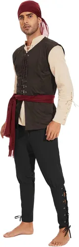 Vista 4 de American Trend Chaleco renacentista para hombre, disfraz medieval con cordones, chaleco pirata de Halloween