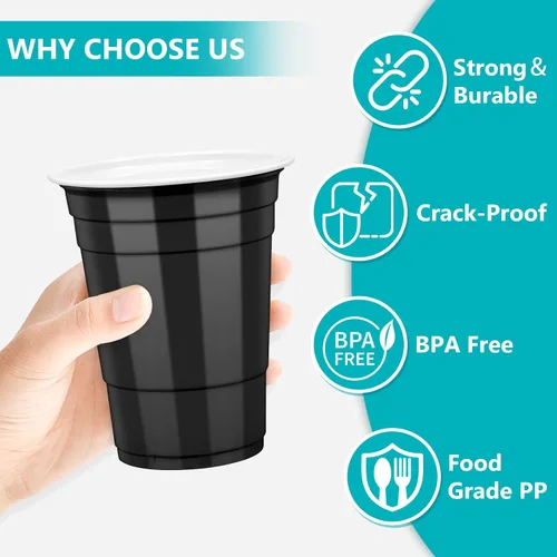 Vista 5 de LANLISA 50 vasos de plástico negros, vasos desechables de 16 onzas, tazas para beber para suministros de fiesta