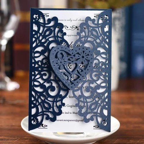 Vista 2 de FOMTOR Kit de invitaciones de boda cortadas con láser, 50 paquetes de invitaciones de boda cortadas con láser con papel imprimible en blanco y Azul