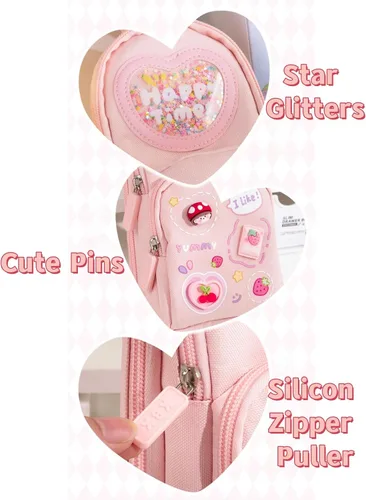 Vista 5 de Estuche de cartón lindo con diseño de oso y conejito de fresa, helado, 3 capas, gran capacidad, estuche organizador de cosméticos (rosa-1)