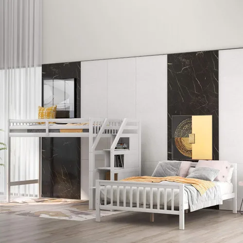 Vista 5 de Merax Litera de madera maciza de tamaño individual sobre matrimonial con 3 almacenamiento, cama alta de madera y marco de cama de plataforma, se