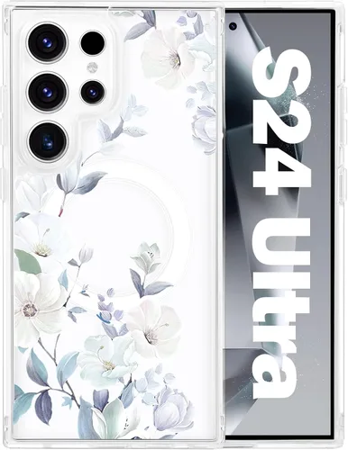 Vista 27 de Funda magnética para Samsung Galaxy S22 Ultra Flower, compatible con MagSafe, patrón floral transparente a prueba de golpes, parte trasera