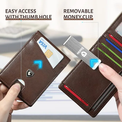 Vista 37 de GSOIAX Cartera delgada de cuero plegable RFID para hombre, billetera minimalista con bolsillo frontal con clip para dinero, 12 ranuras para Negro