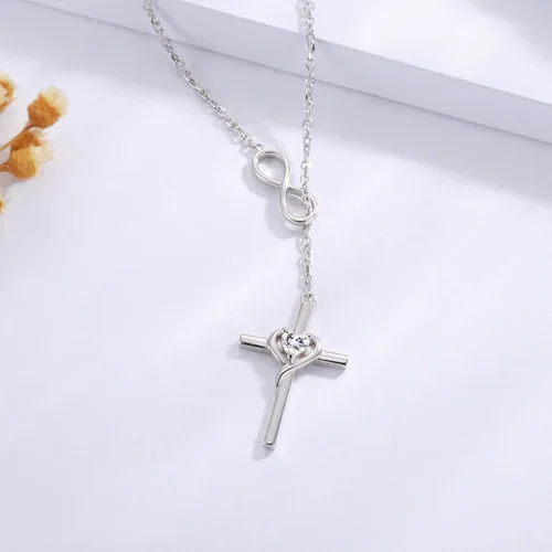 Vista 6 de Collar con colgante de cruz de amor de plata de ley 925 para mujer, regalo de joyería de cumpleaños cristiano