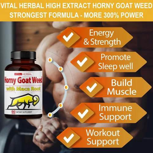 Vista 4 de Vital Herbal Horny Goat Weed Cápsulas para máxima fuerza con raíz de maca, tribulus, Ashwagandha Tongkat Ali Panax ginseng para hombres y mujeres