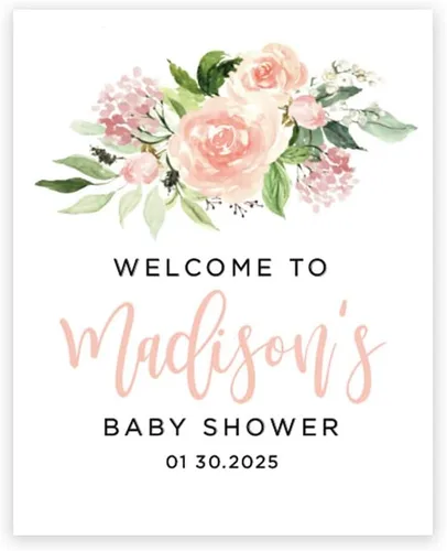 Vista 15 de Andaz Press Letrero de bienvenida personalizado de lona grande para baby shower, flores rosas rubor, 16 x 20 pulgadas, alternativa al libro