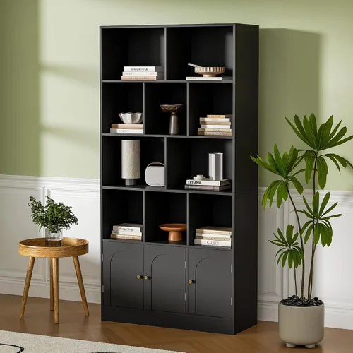 Vista 3 de Housoul Estantería de 71 pulgadas de alto con 10 cubos y 3 puertas, estantería de 4 niveles, estantería abierta con gabinete, organizador de Negro
