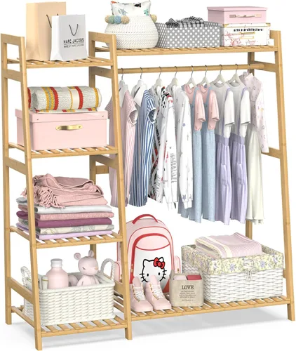 Vista 10 de BAMBOOHOMIE Perchero de ropa para niños con estantes, perchero de ropa de bambú para niños, niños y bebés, perchero de almacenamiento para vestirse