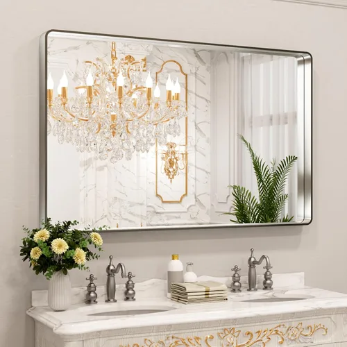Vista 16 de LOAAO 20x16 Pulgadas Espejo de Baño con Marco de Metal Negro para Pared, Espejo de Tocador de Baño de Estilo Granja, Espejo Grande Rectangular
