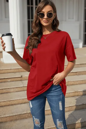 Vista 4 de Fisoew Camisetas de gran tamaño para mujer, camisetas de media manga con cuello redondo de algodón
