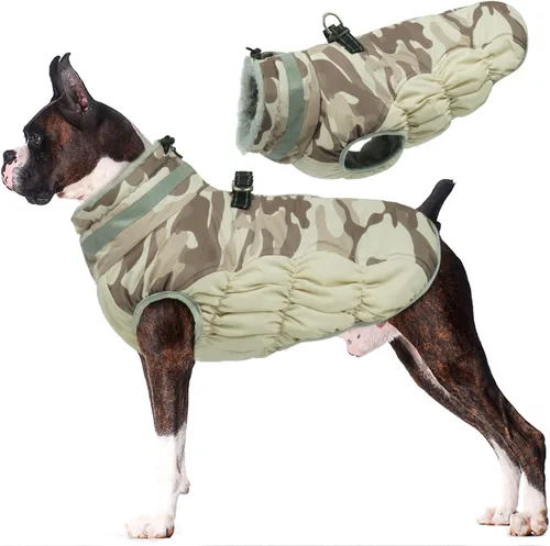 Vista 11 de Lelepet Abrigo cálido para perro, abrigo de invierno para perro, chaqueta impermeable para perros con arnés integrado reflectante de forro polar