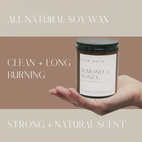 Vista 3 de River Birch Candles - Vela perfumada de almendra y miel Velas en tarro de ámbar de soja de primera calidad, totalmente naturales, no tóxicas, 8.5