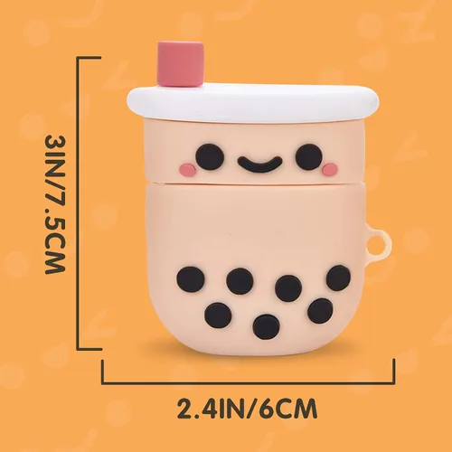 Vista 3 de Funda protectora de silicona para Airpods con llavero, diseño de té con leche Boba rosa femenino, a prueba de golpes, compatible con AirPods 1 y 2