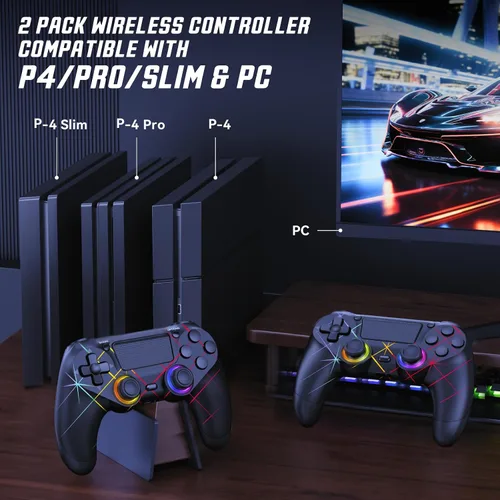 Vista 3 de GamingBoy 2 Pack Wireless Controller for PS4, Light-up RGB Remote Control for Ps4/PC with Hall Effect Joystick/1000mAh Battery/Type-C/Dual
