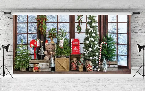 Vista 9 de Kate Telón de fondo de fotos de casa de campo de Navidad, fondo de puerta rosa, nieve blanca, árboles de Navidad, fondo de fotos, accesorios de 5