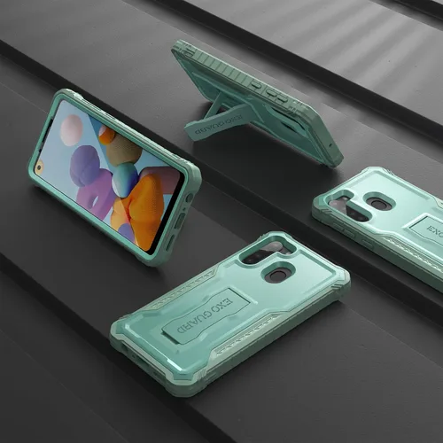 Vista 6 de ExoGuard Funda para Samsung Galaxy A21, funda de goma a prueba de golpes de cuerpo completo, protector de pantalla integrado y soporte compatible