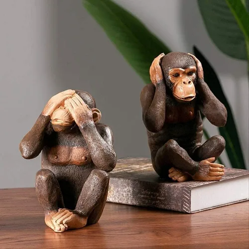 Vista 7 de 3 piezas de escultura de mono, estatua de tres monos sabios, no ver, no escuchar, no decir monos, escultura de buena suerte, regalos de decoración