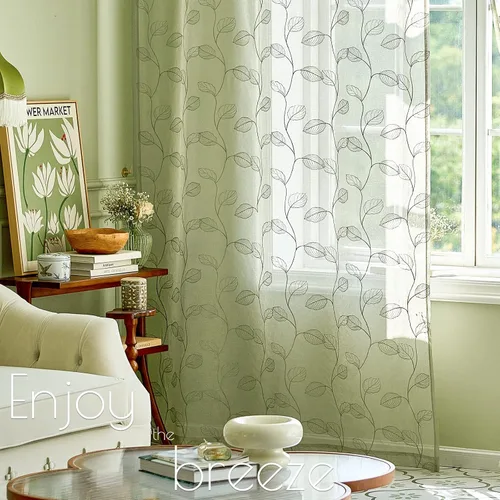 Vista 5 de Lazzzy Cortinas traslúcidas con hojas bordadas (2 piezas)