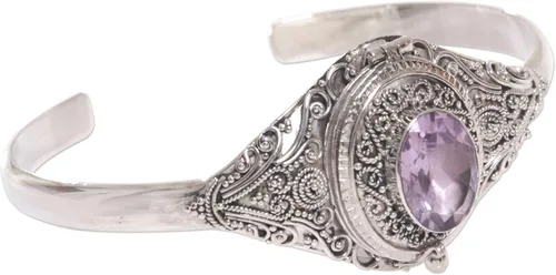 Vista 3 de NOVICA Pulsera hecha a mano con medallón de amatista, plata de ley 925, piedra natal morada de Indonesia, ojo vigilante, Plata de ley Cerámica, No