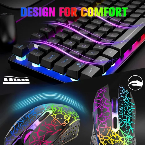 Vista 7 de Combo de teclado y mouse inalámbricos para juegos con retroiluminación LED arcoíris sin llave de 87 teclas, batería recargable de 3800 mAh, Negro