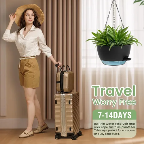Vista 5 de Paquete de 2 12 macetas colgantes con cadenas, macetas de plástico de riego automático para plantas de interior y exterior, diseño de cadena