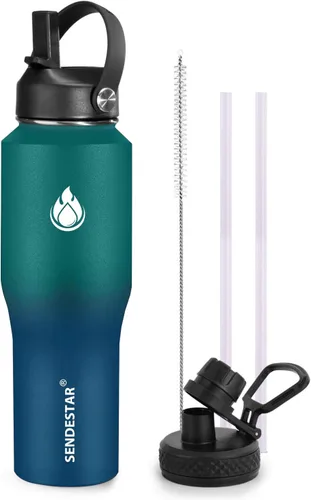 Vista 26 de SENDESTAR - Botella de agua de 0,9 L, 2 tapas (tapa con pajita), boca ancha de acero inoxidable aislada al vacío, doble pared, mantiene los líquidos