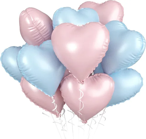 Vista 50 de Globos de corazón azul bebé, 10 piezas de globos en forma de corazón azul claro y blanco pastel, globos de papel de aluminio blanco arena crema