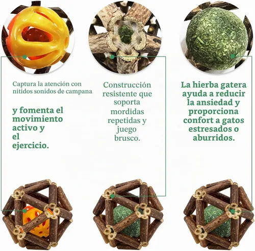 Vista 3 de Juego de juguetes masticables naturales de hierba gatera de 3 piezas para gatos y gatitos de interior, juguete de limpieza de dientes
