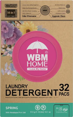 Vista 2 de WBM Cápsulas de detergente para ropa para el hogar, aroma de fragancia primaveral, 32 unidades, cápsulas de lavandería concentradas HE con 10 veces