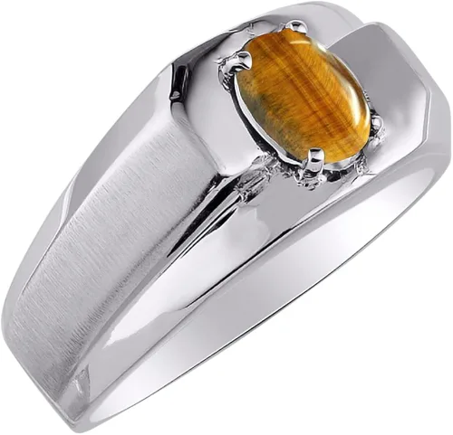 Vista 3 de RYLOS Anillos para hombre oro blanco de 14 quilates anillo solitario de ojo de tigre de 0276 x 0197in anillos de piedras preciosas