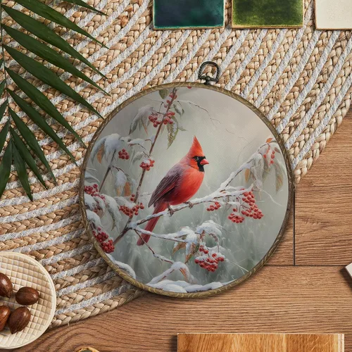Vista 6 de OINDADE Arte Decorativo de Pared Redondo de Cardenal Invernal, Arte de Pared Colgante de Cardenal Navideño, Imágenes de Pájaros Decoración de Pared