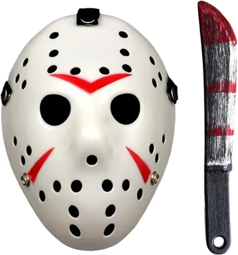 Vista 8 de JOYFISCO Máscara de Halloween machete de hockey de terror para Halloween, fiesta de máscaras, cosplay, disfraz Negro1