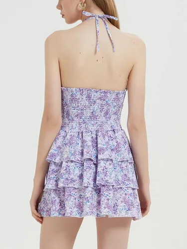 Vista 2 de Mebius Mini vestido floral de verano para mujer, con tirantes cruzados, halter, espalda descubierta, cintura fruncida, vestido corto con volantes