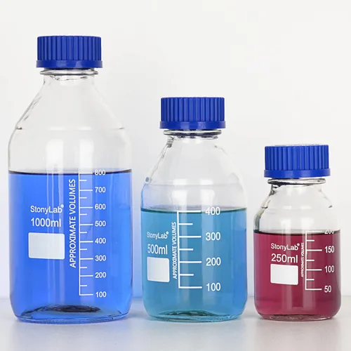 Vista 5 de stonylab Botellas de almacenamiento graduadas con tapa de rosca GL45, 8.5 fl oz de vidrio de borosilicato, botellas redondas de almacenamiento