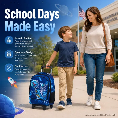 Vista 5 de Mochila rodante para niñas y niños, juego de 3 piezas con ruedas de diseño de unicornio o dinosaurio Dinosaurio astronauta.
