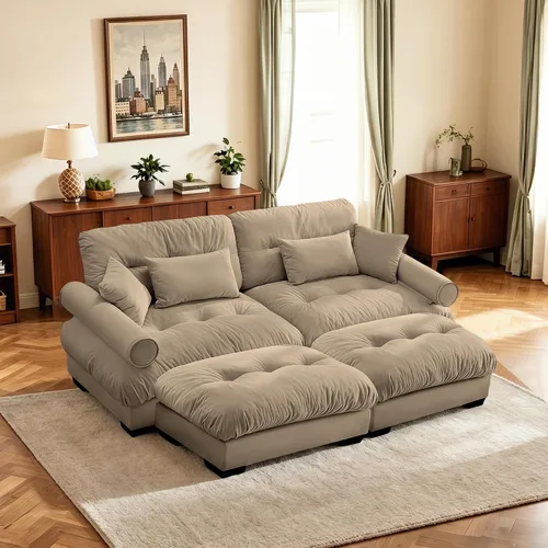 Vista 30 de Sofá biplaza de 93.7 pulgadas, sofá modular de 2 plazas, sofás seccionales grandes de color beige y blanco para sala de estar, juego de sofá