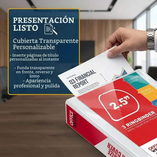 Vista 7 de Carpeta de 3 aros, aros inclinados con forma en D, portada con bolsa transparente.