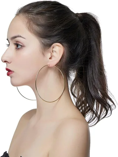 Vista 2 de Aretes de aro de baloncesto hipoalergénicos extra grandes para mujeres y hombres, aretes de aro grandes y finos, Metal, No es una piedra preciosa