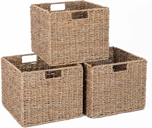 Vista 9 de Cesta de almacenamiento de mimbre, cubo grande de 12 x 12 x 10 pulgadas, mimbre tejido para estantes, despensa, organización de cocina y baño Marrón