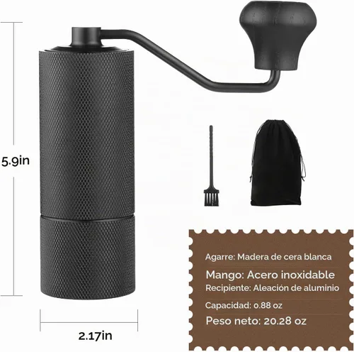 Vista 7 de Molinillo de café manual con rebaba cónica de acero inoxidable CNC, cuerpo de aluminio, mango de madera maciza, molinillo de mano ajustable portátil
